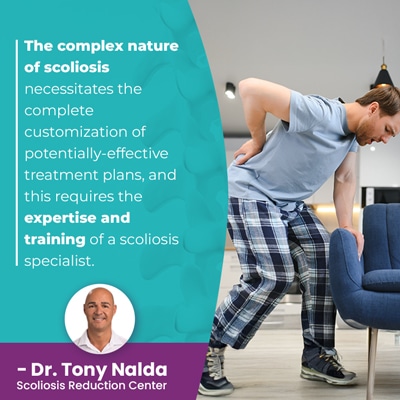 A visual representation of the quote from the text starting with “the complex nature of scoliosis"
