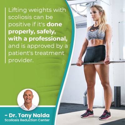 A visual representation of the quote from the text starting with “Lifting weights with scoliosis can"