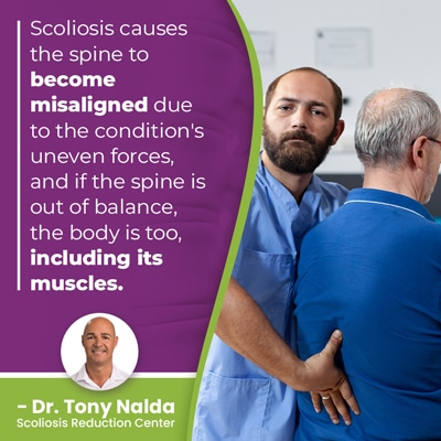 A visual representation of the quote from the text starting with “Scoliosis causes the spine to become"