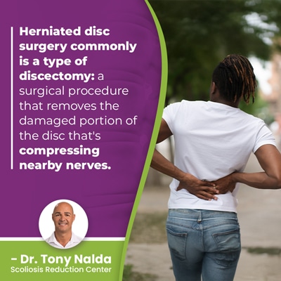 A visual representation of the quote from the text starting with “herniated disc surgery commonly"