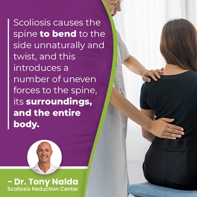 A visual representation of the quote from the text starting with “scoliosis causes the spine to bend"