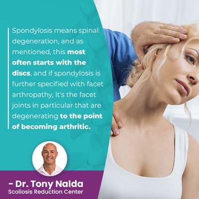 A visual representation of the quote from the text starting with “spondylosis means spinal degeneration"
